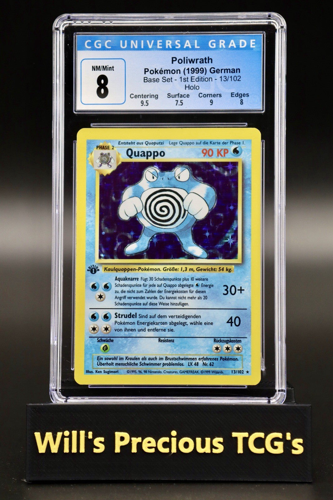 CGC 8 Poliwrath 13/102 1st Edition Base Set German 1999 Holo Pokémon Card WOTC0