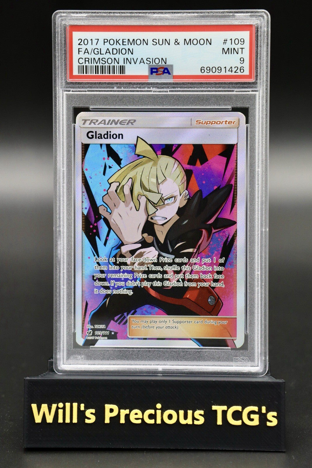 PSA 9 Gladion 109/111 Sun & Moon Crimson Invasion 2017 Full Art Pokémon Card0