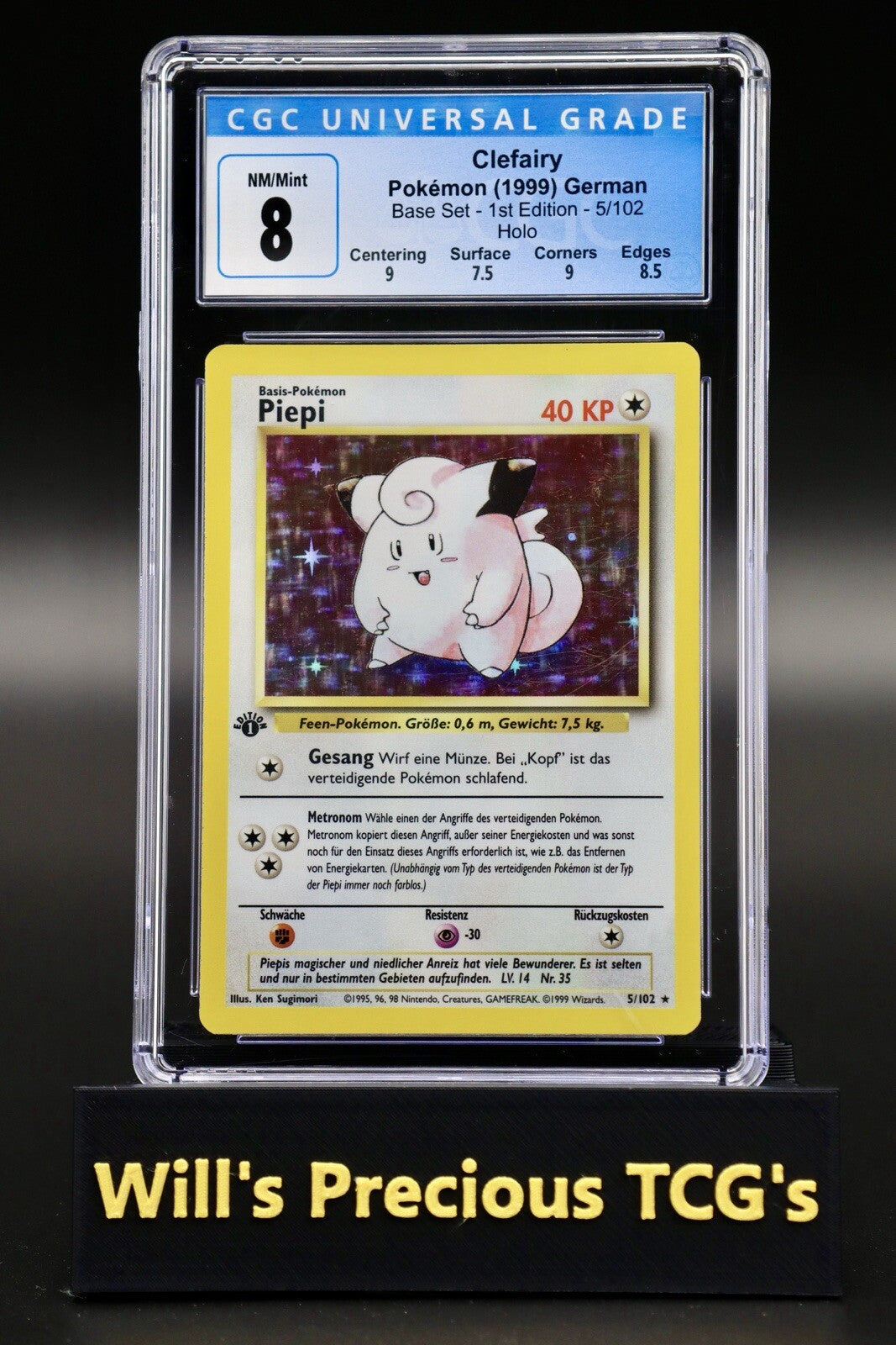 CGC 8 Clefairy 5/102 1st Edition Base Set German 1999 Holo Pokémon Card WOTC0