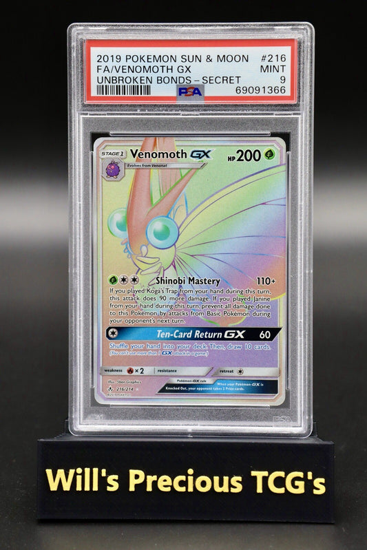 PSA 9 Venomoth 216/214 Sun & Moon Unbroken Bonds 2019 Rainbow Secret Pokémon0