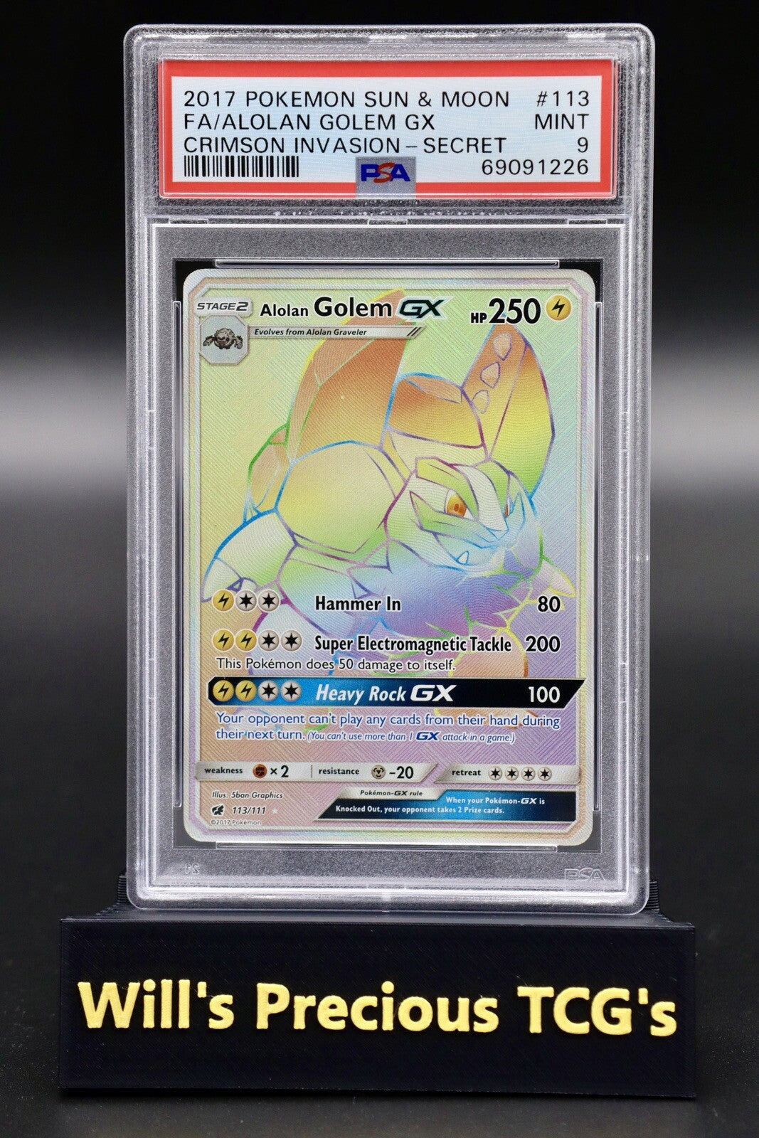 PSA 9 Alolan Golem 113/111 S&M Crimson Invasion 2017 Secret Full Art Pokémon0
