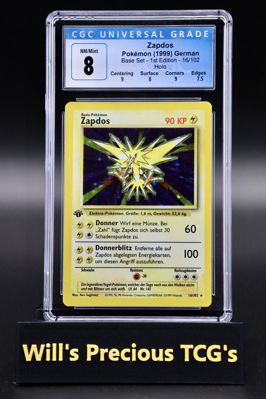 CGC 8 Zapdos 16/102 1st Edition Base Set German 1999 Holo Pokémon Card WOTC Mint0