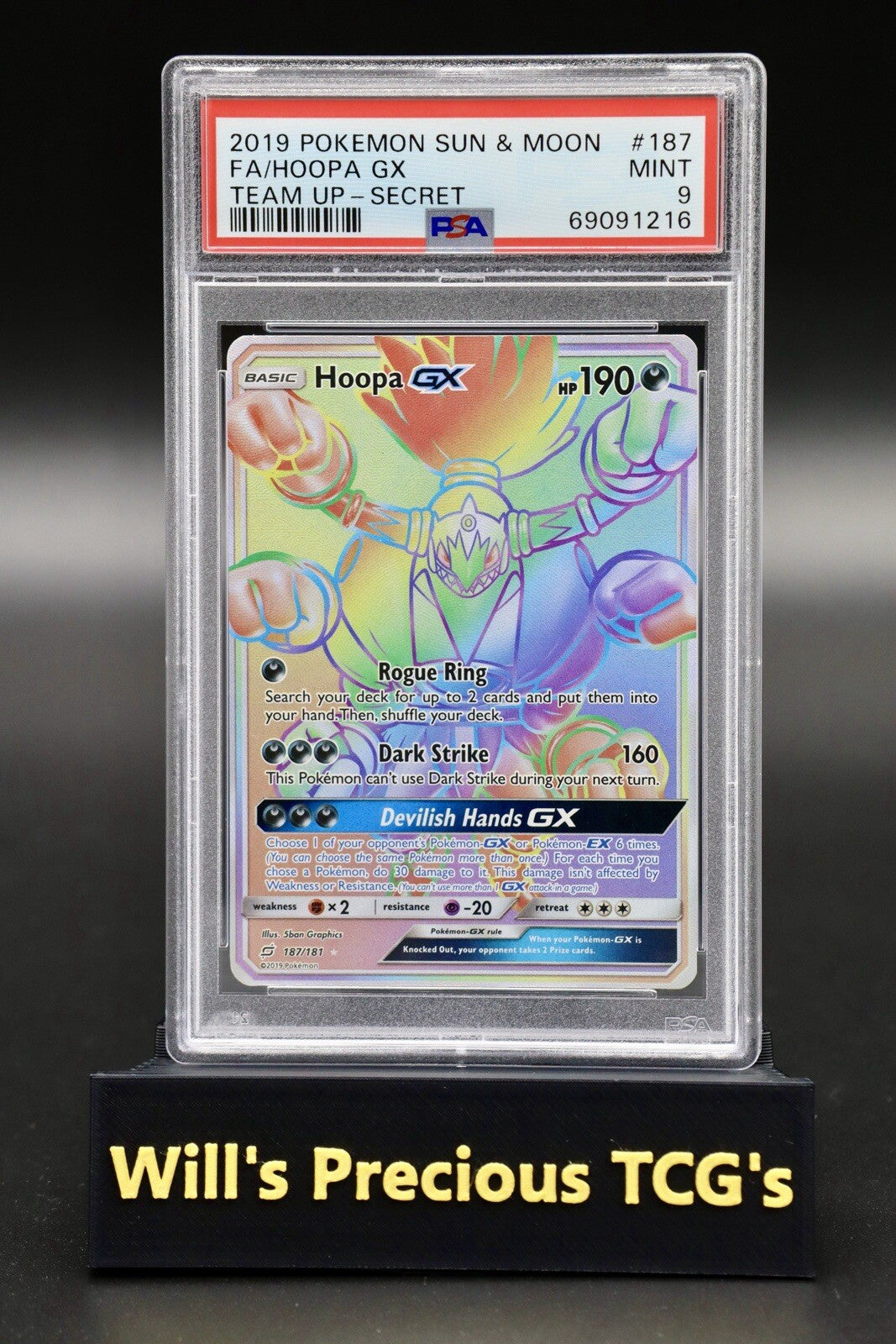 PSA 9 Hoopa 187/181 Sun & Moon Team Up 2019 Rainbow Secret Rare Pokémon Card0